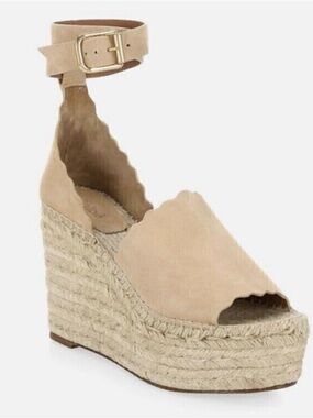 Chloe Tan Scalloped Suede Espadrille Wedge Sandals
